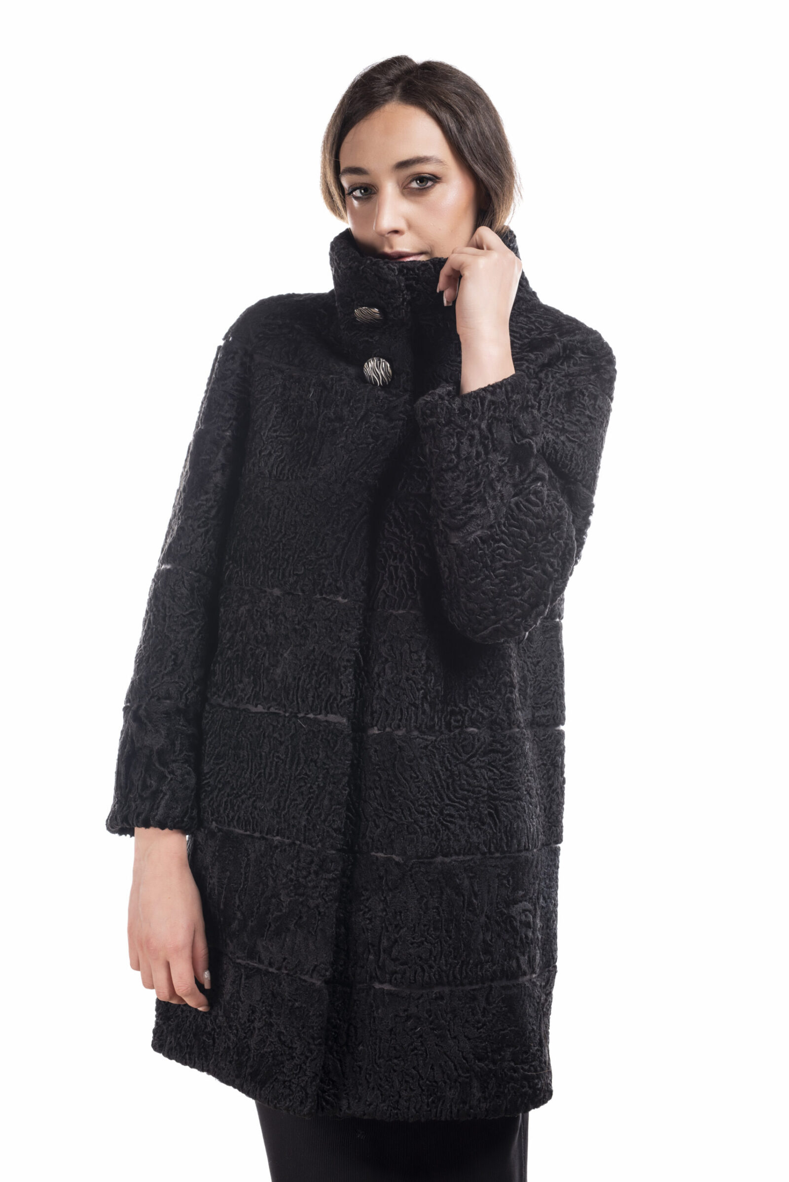 Cappottino persiano black con filetti pelle - immagine 4