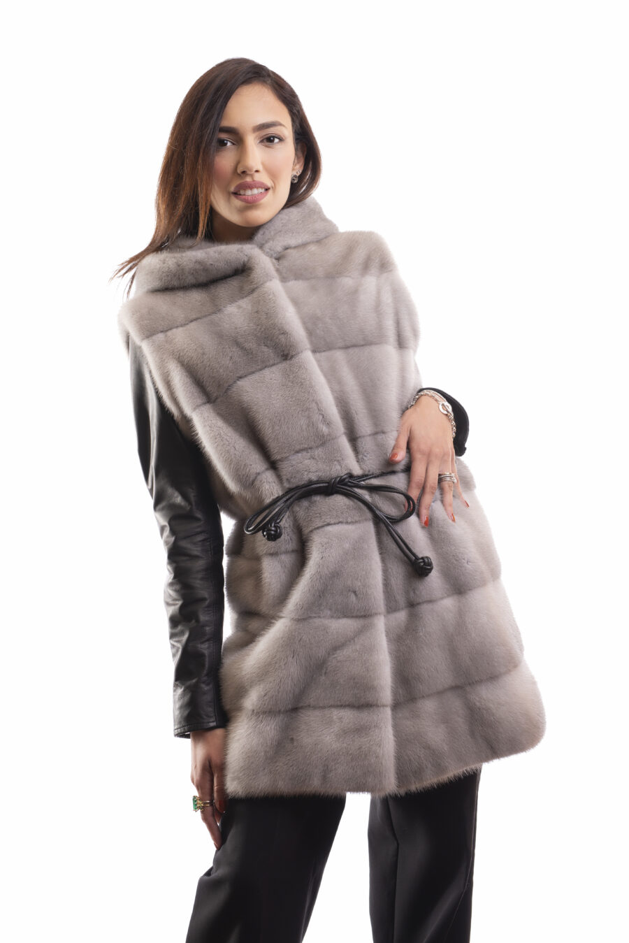 Gilet Visone Zaffiro naturale con Cappuccio